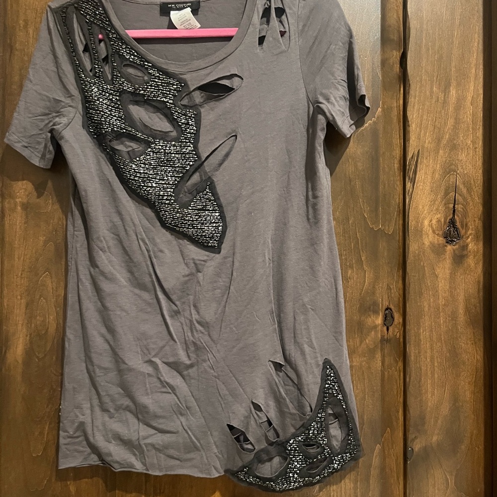 MM Couture Gray Cutout Embellished Tee
